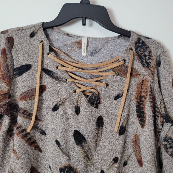 Coco Kelly - Feather Print Gray Long Top W/Tan Lace-Up Neck & Elbow Patches - Picture 3 of 11